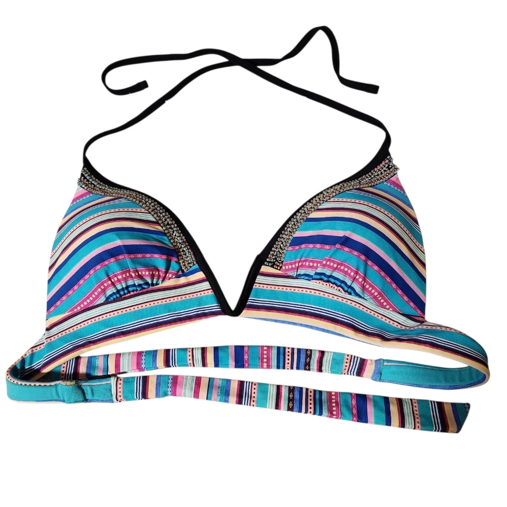 Time and Tru Beaded Bikini Top XL 16/18 Tie Back Multicolor Stripes Beaded